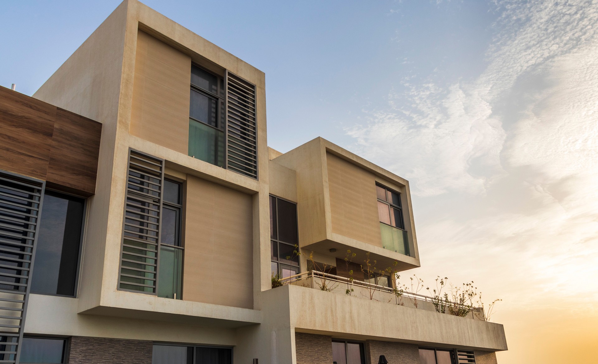 Close up shot of a facade of a modern villa. Architecture