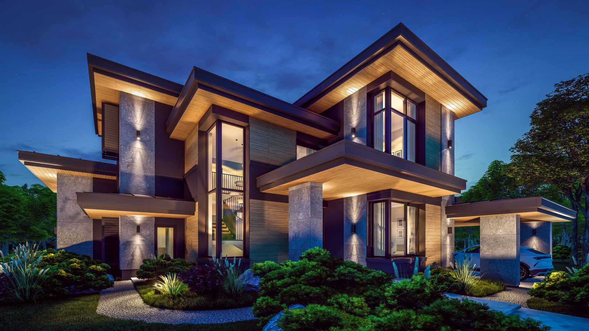 3d rendering of modern house in luxurious style in night